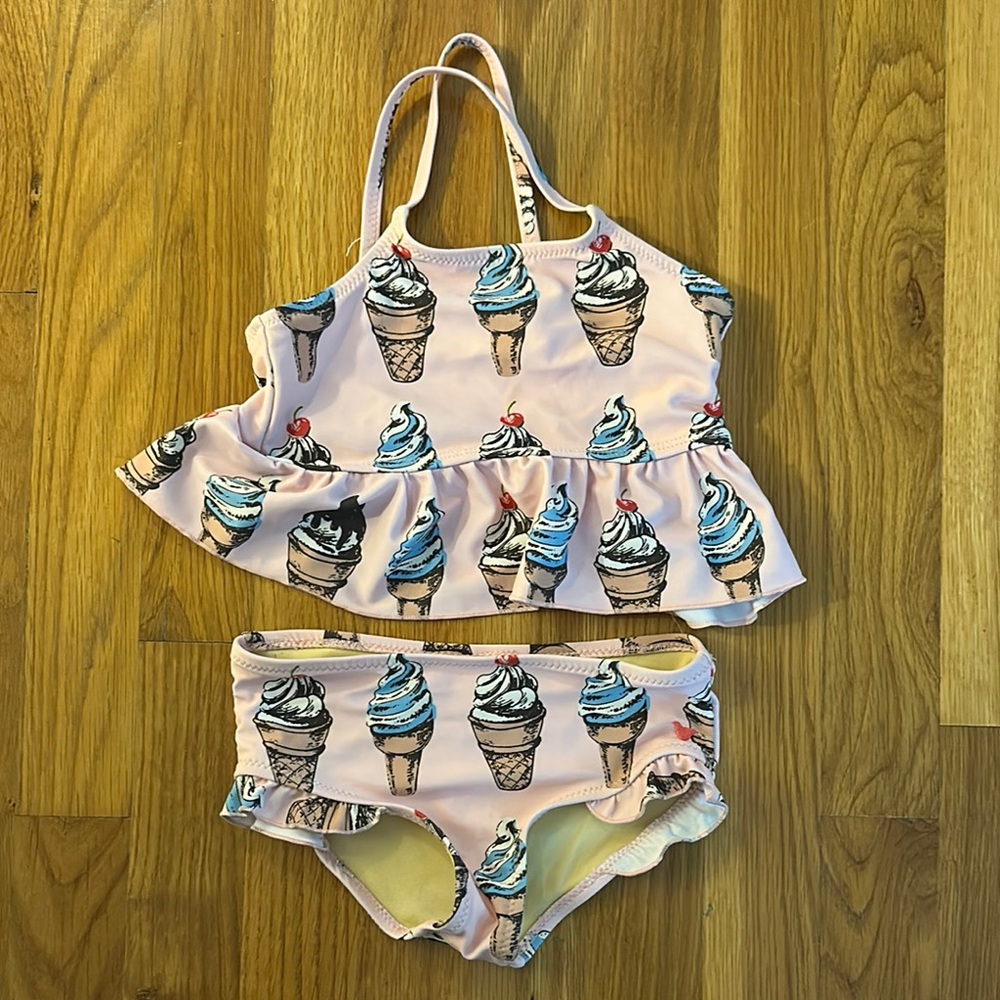 Pink Chicken Ice Cream Print Kids Swim Set - Pink and Blue